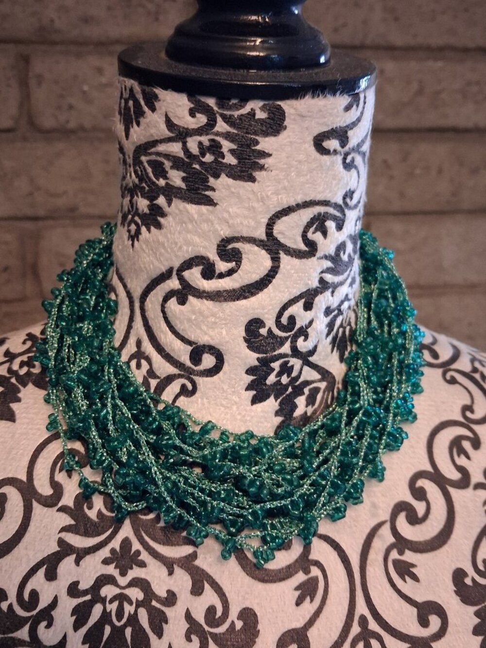 Vintage Multi-Strand Beaded Crochet Choker Necklace Emerald Green BOHO